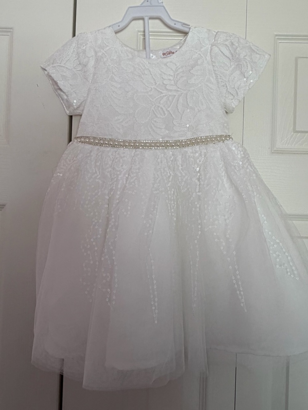 Girl's White Sequin Lace Party Dress with Pearl Waistband